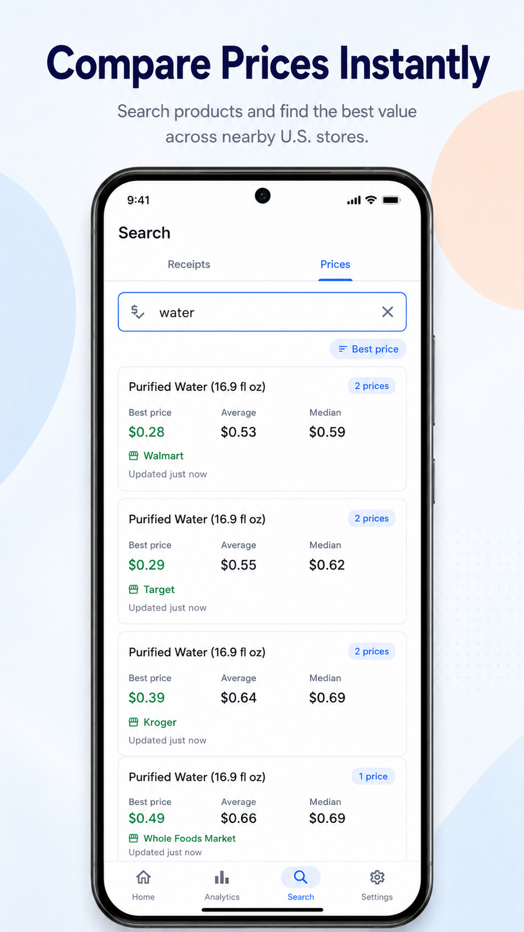 SnapSpend price search screen comparing product prices across stores.