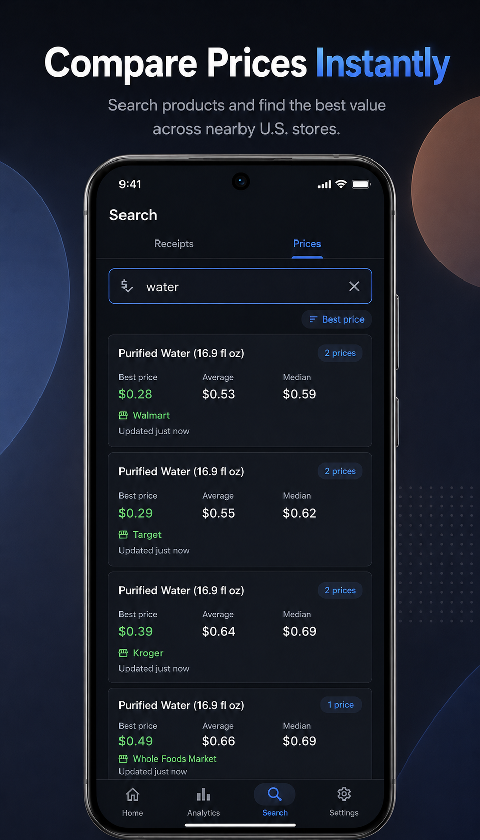 SnapSpend price search screen comparing product prices across stores.